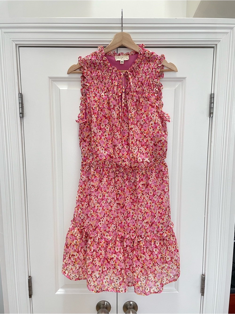 Pink Floral Ruffle Neck Dress